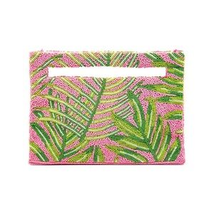 Pink & Green Beaded Palm Frond Handbag With Gusset